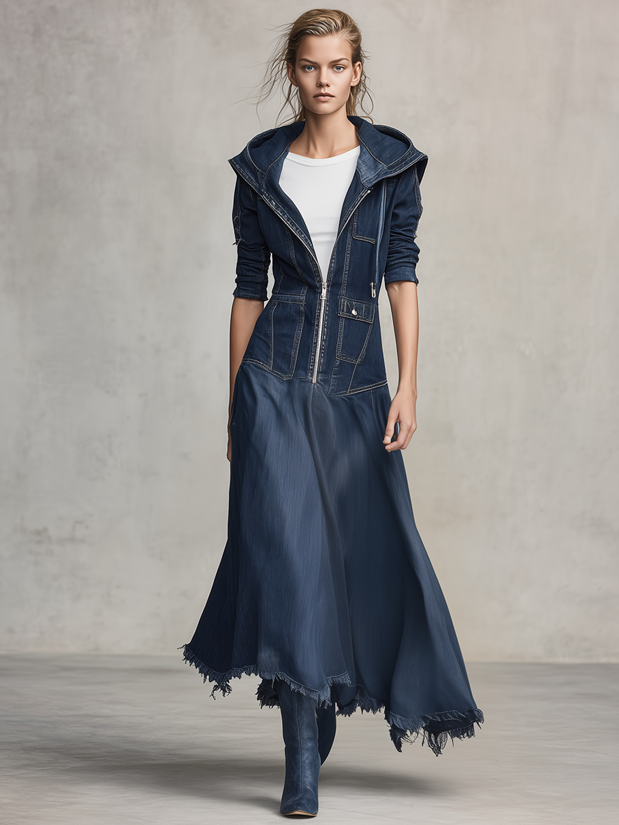 Retro Hooded Zip Fitted Raw-hem Mermaid Long Denim Dress
