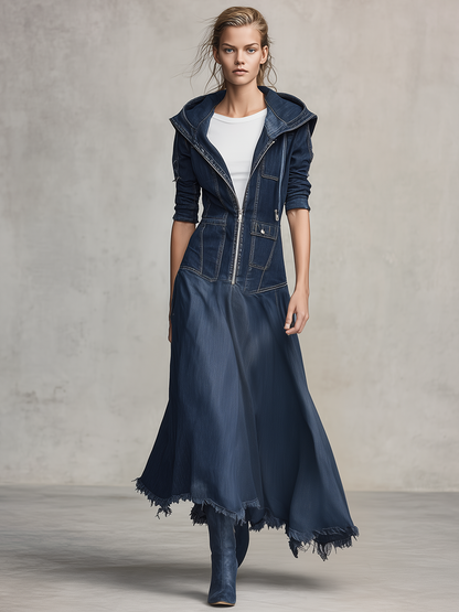 Retro Hooded Zip Fitted Raw-hem Mermaid Long Denim Dress