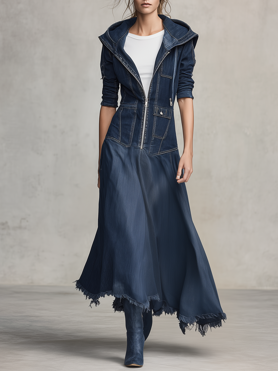 Retro Hooded Zip Fitted Raw-hem Mermaid Long Denim Dress