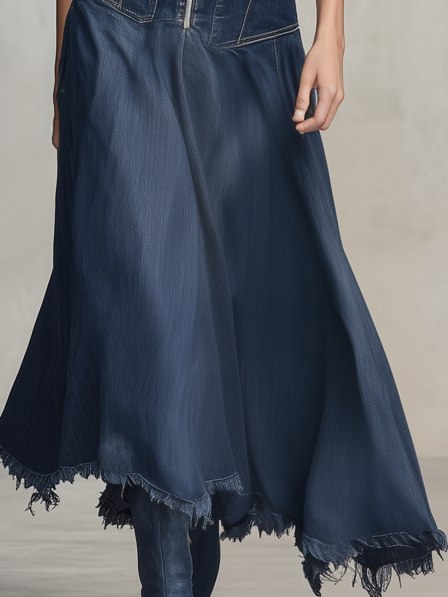 Retro Hooded Zip Fitted Raw-hem Mermaid Long Denim Dress
