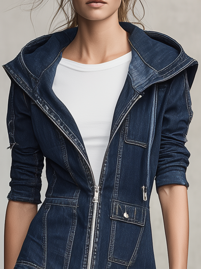 Retro Hooded Zip Fitted Raw-hem Mermaid Long Denim Dress