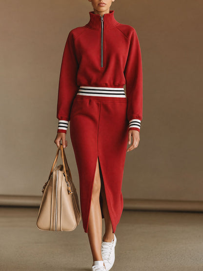 Casual Sporty Half-zip Black And White Striped Red Cotton Midi Dress
