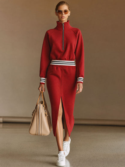 Casual Sporty Half-zip Black And White Striped Red Cotton Midi Dress