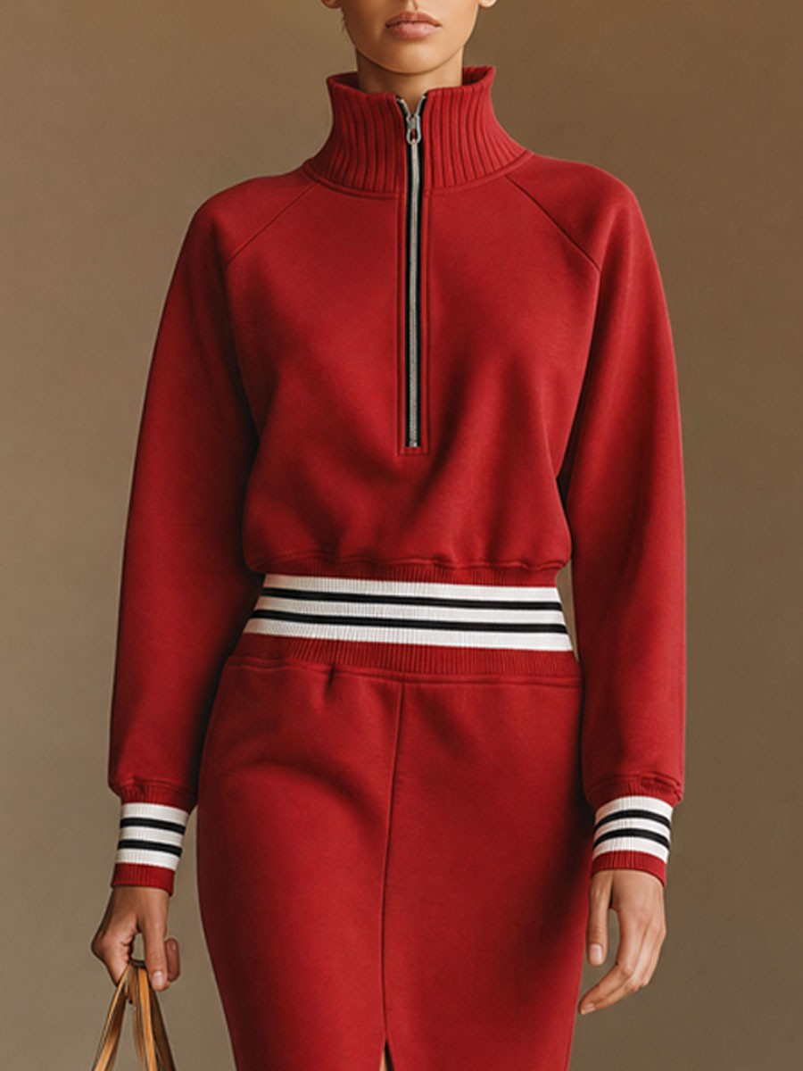 Casual Sporty Half-zip Black And White Striped Red Cotton Midi Dress