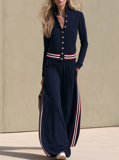 Retro Sporty Color-blocked Blue Stand-collar Cardigan And Trousers Set