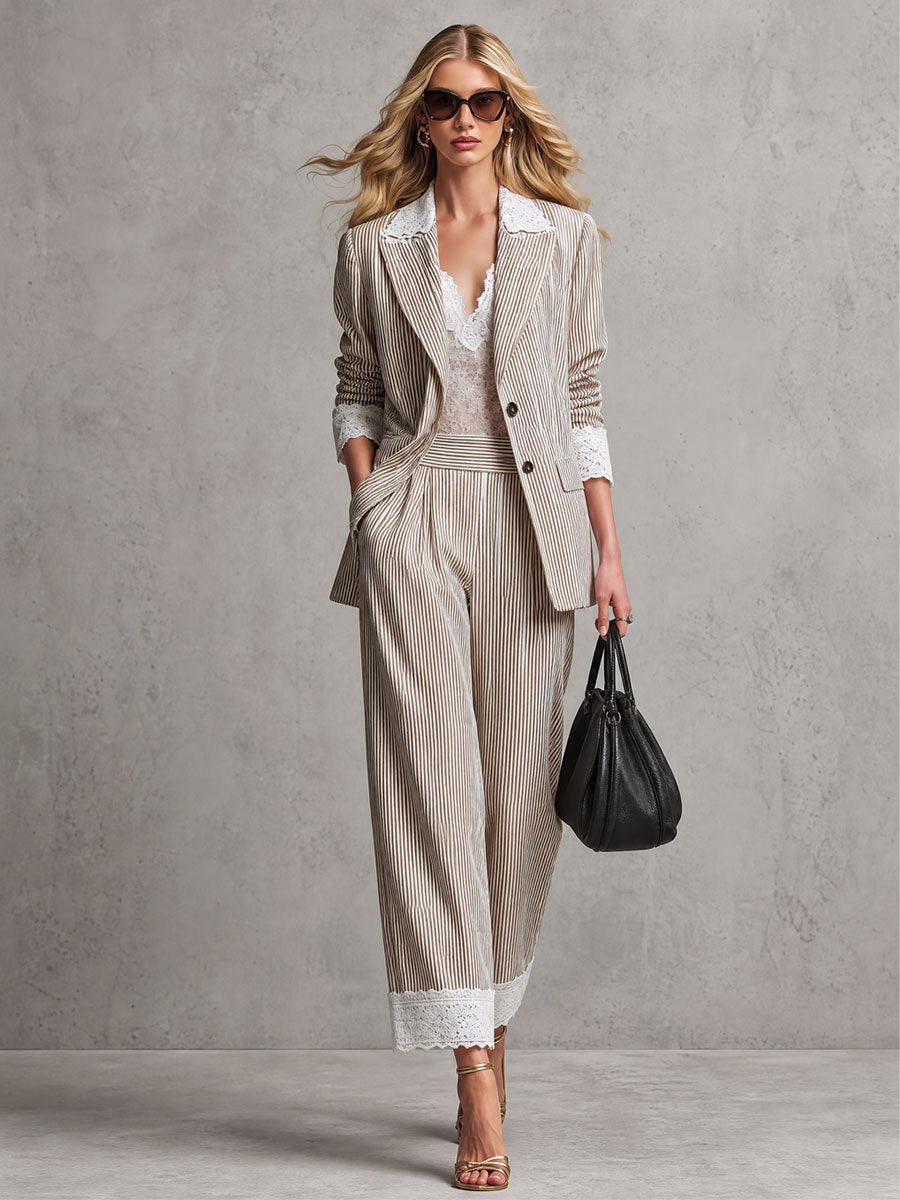 Vintage Lace Brown Striped Cotton-linen Blazer