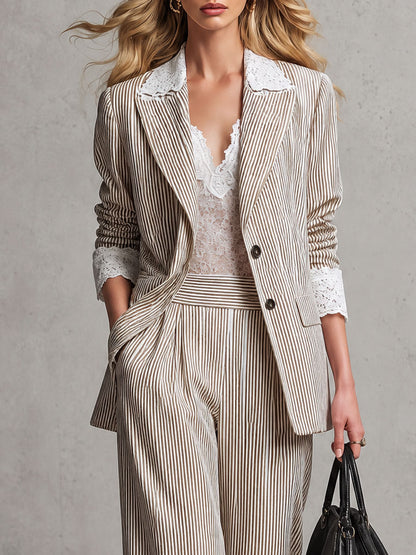 Vintage Lace Brown Striped Cotton-linen Blazer