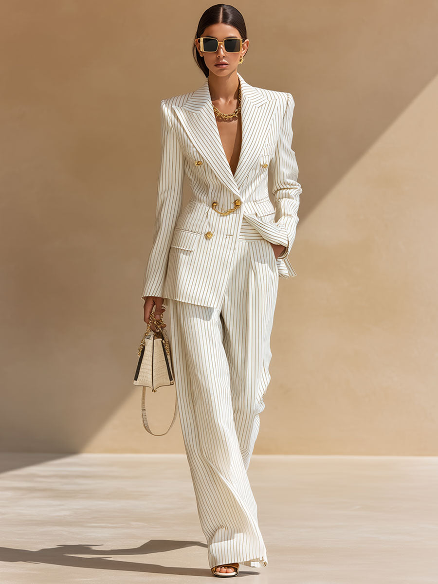 Retro-elegant Beige Striped Double-breasted Blazer
