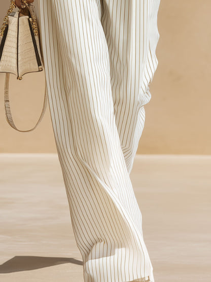 Simple And Elegant Striped Beige Wide-leg Pants