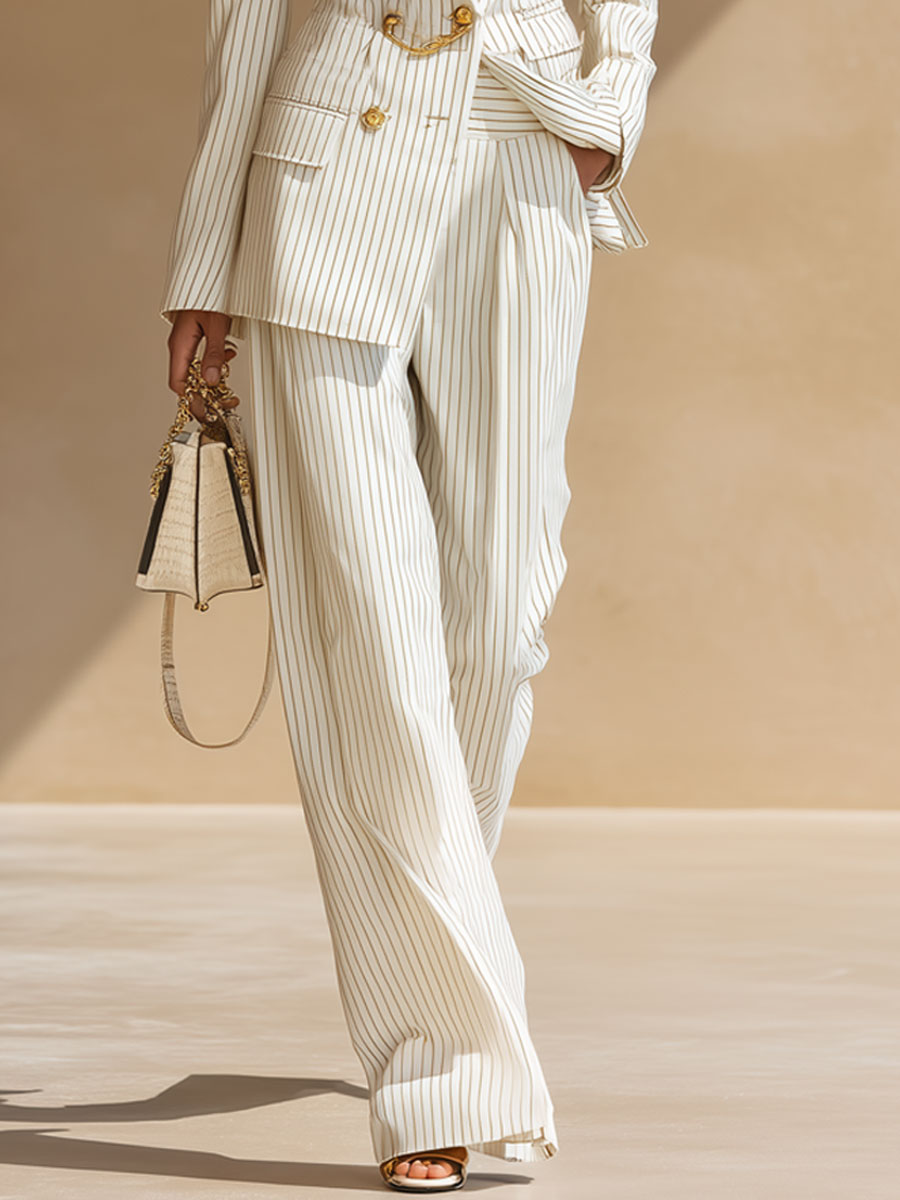 Simple And Elegant Striped Beige Wide-leg Pants