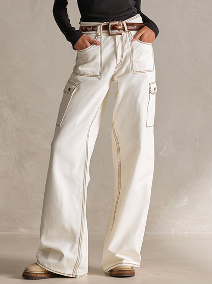 Classic Contrast-Stitching Off-White Utility Pocket Wide-Leg Jeans