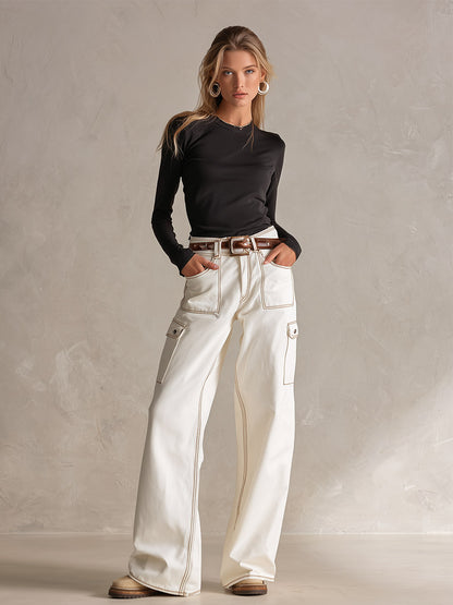 Classic Contrast-Stitching Off-White Utility Pocket Wide-Leg Jeans