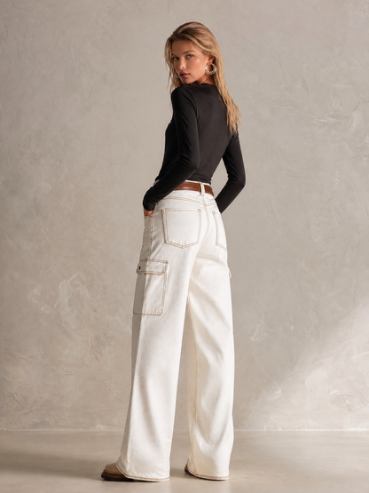 Classic Contrast-Stitching Off-White Utility Pocket Wide-Leg Jeans