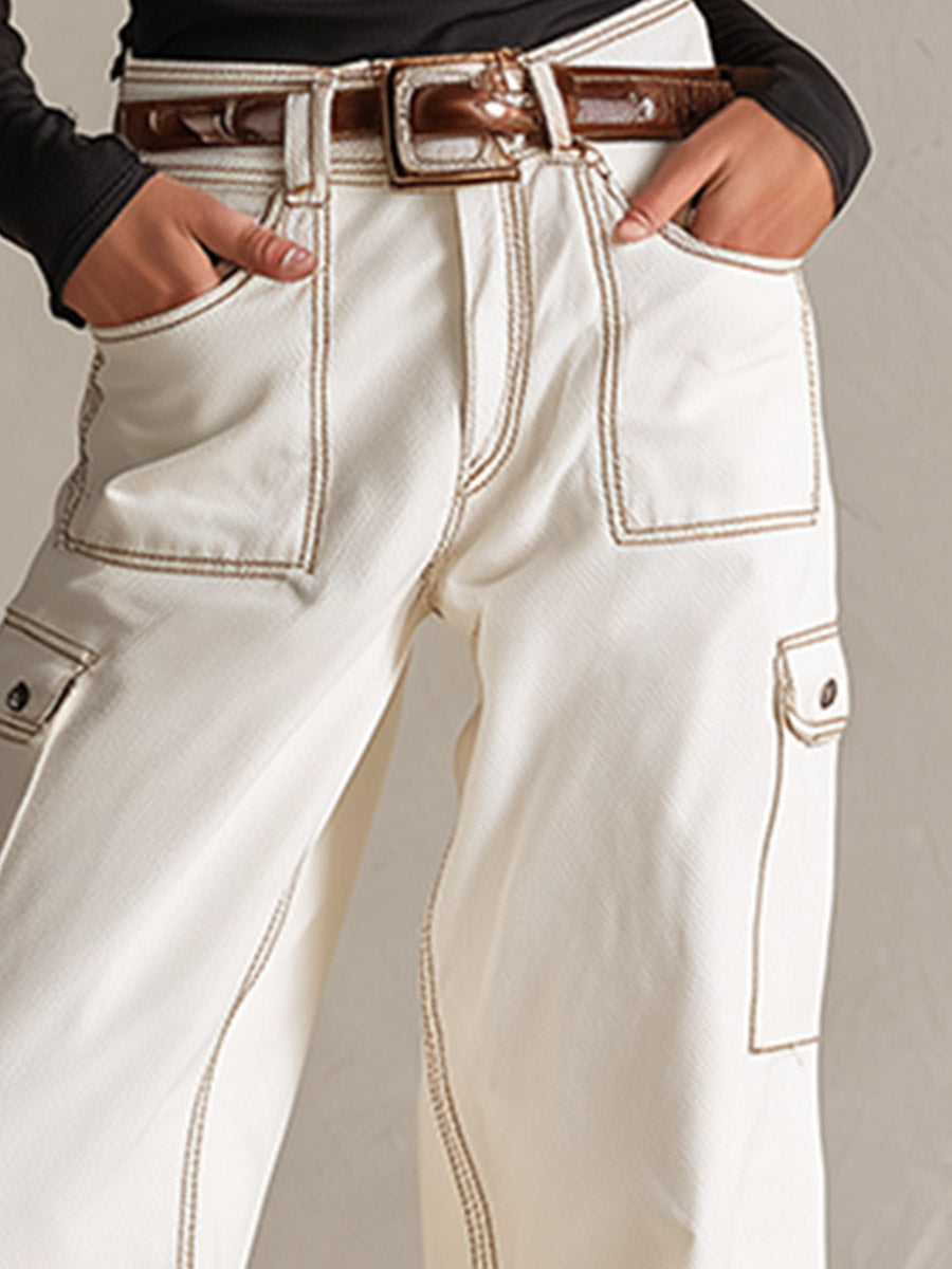 Classic Contrast-Stitching Off-White Utility Pocket Wide-Leg Jeans