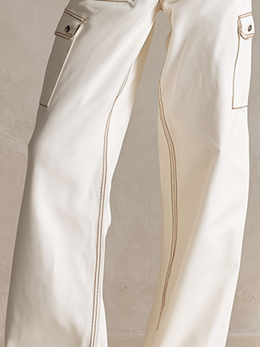Classic Contrast-Stitching Off-White Utility Pocket Wide-Leg Jeans