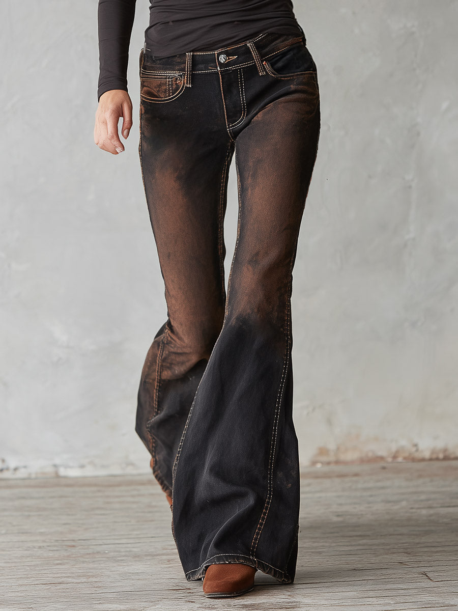 Vintage Black Distressed Wash Flared Jeans