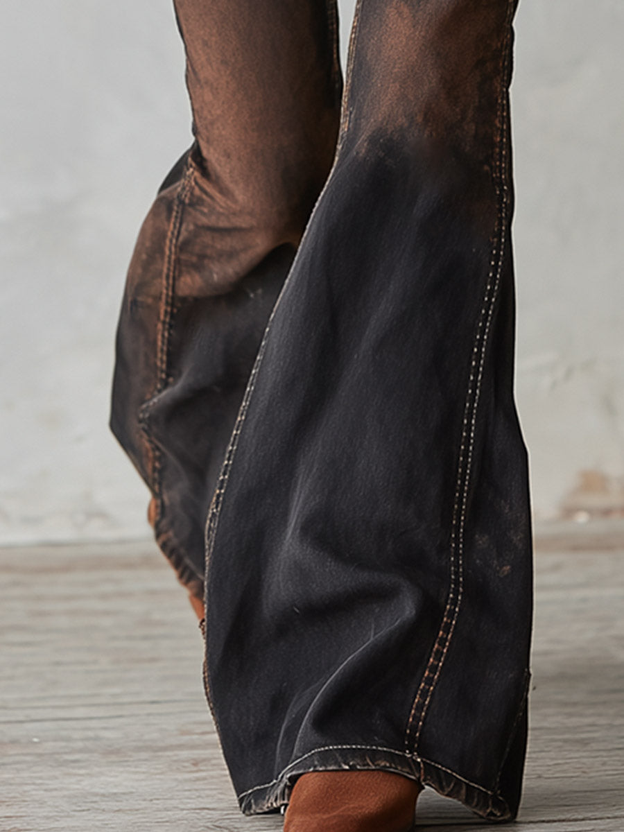 Vintage Black Distressed Wash Flared Jeans