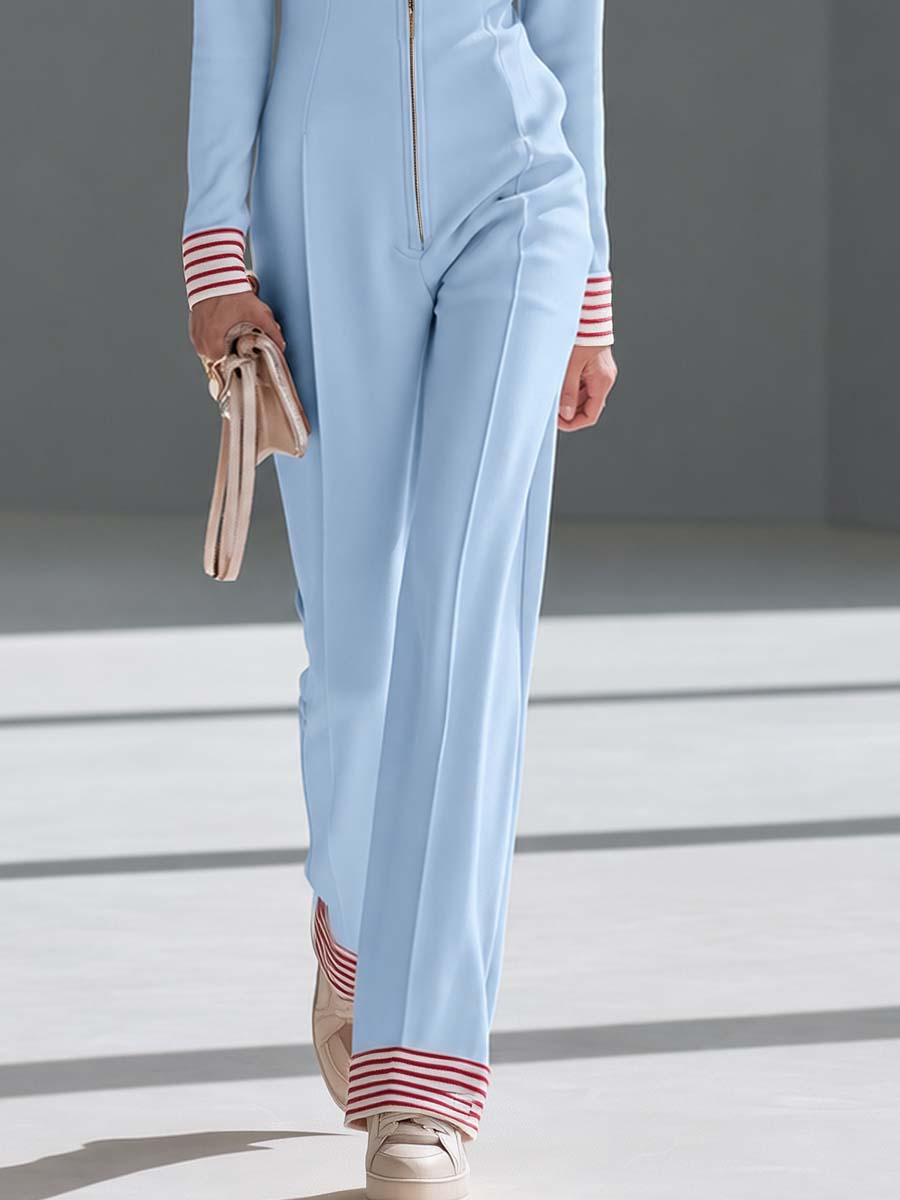 Retro Sporty Blue Striped-Trim Zip-Front Stand-Collar Long-Sleeve Fitted Jumpsuit