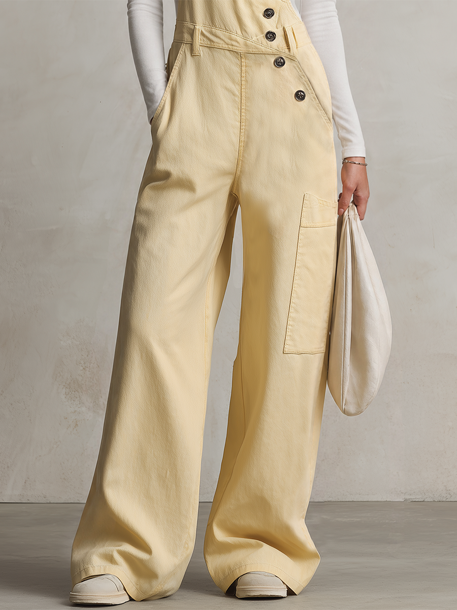 American Wide-strap Diagonal Decorative-button Wide-leg Denim Jumpsuit