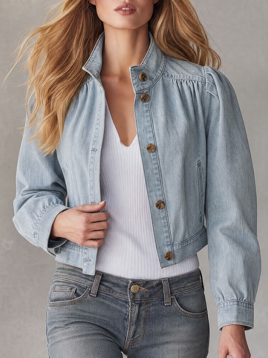 Casual Retro Blue Stand-up Collar Single-breasted Denim Jacket