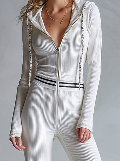 Elegant Sporty Striped Trim White Breathable Knit Hooded Jumpsuit