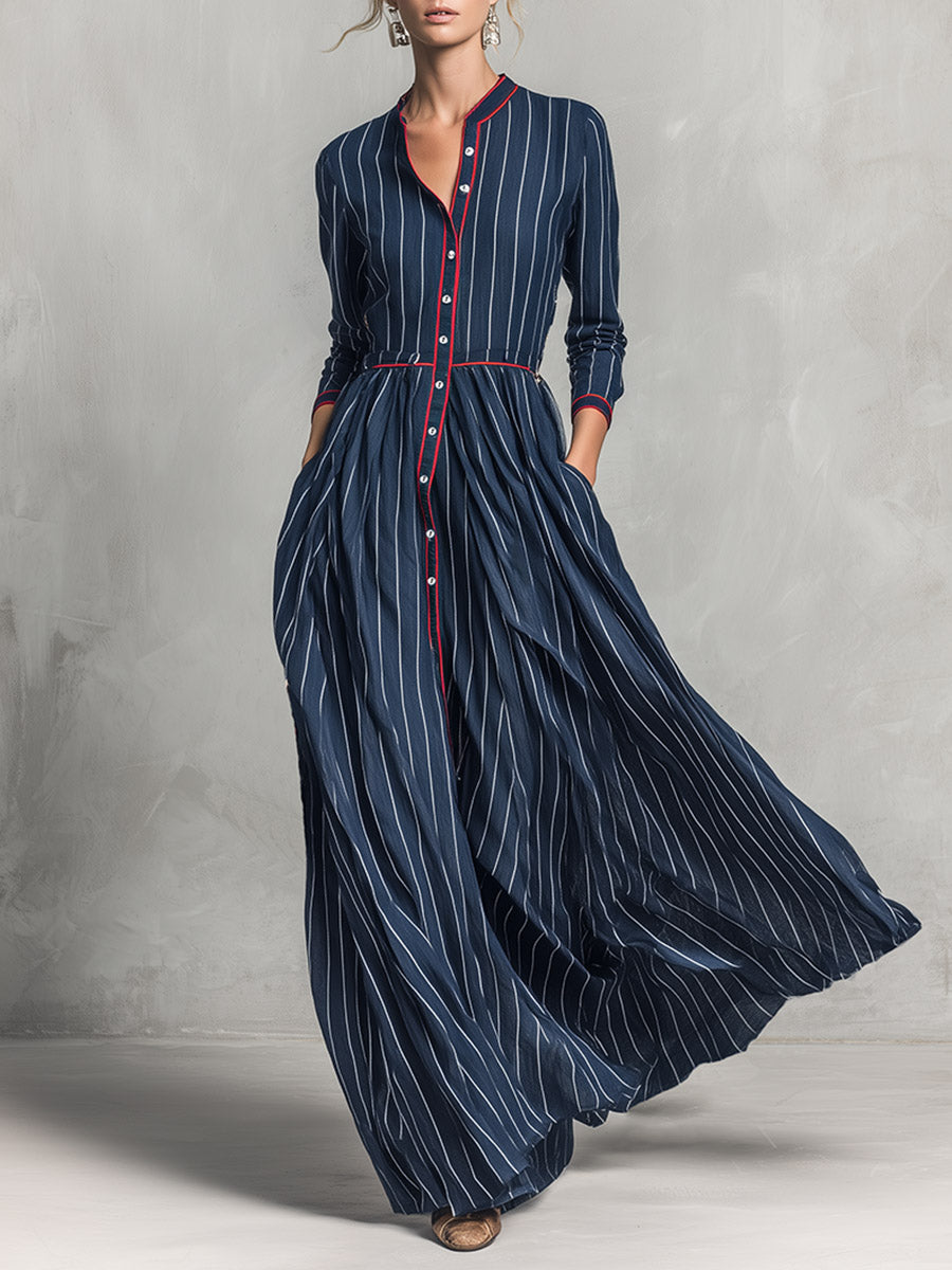 Vintage-style Elegant Piped Trim Navy Striped Single-breasted Maxi Dress