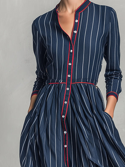 Vintage-style Elegant Piped Trim Navy Striped Single-breasted Maxi Dress