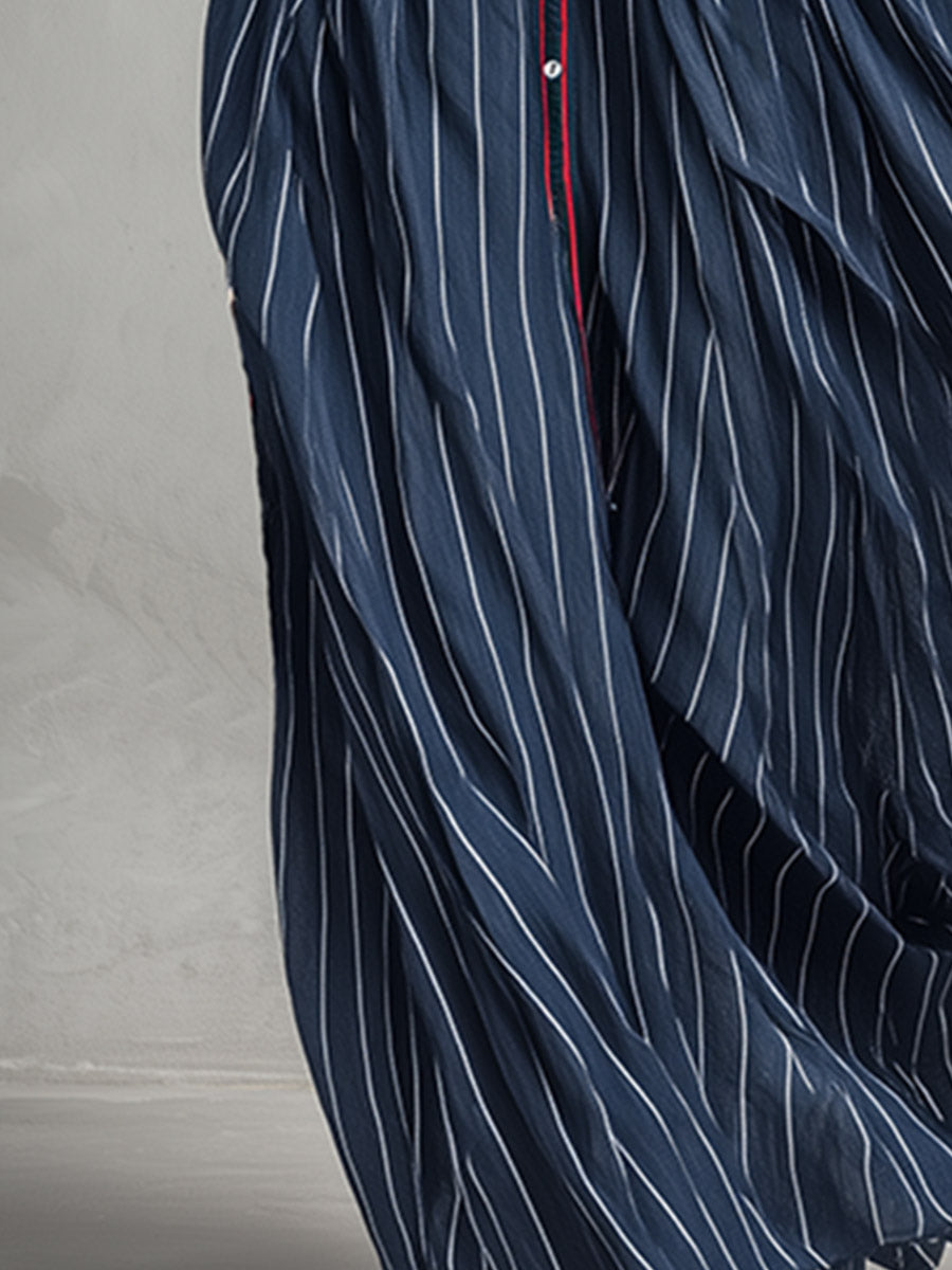 Vintage-style Elegant Piped Trim Navy Striped Single-breasted Maxi Dress