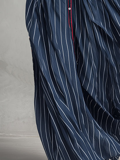 Vintage-style Elegant Piped Trim Navy Striped Single-breasted Maxi Dress
