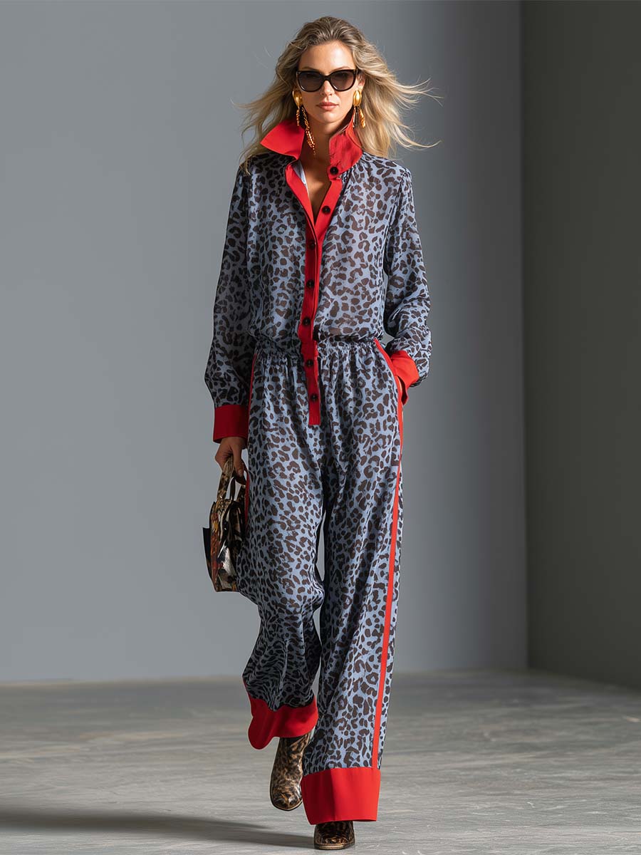 Retro Leopard Print Red-Contrast Collared Long-Sleeve Wide-Leg Chiffon Jumpsuit