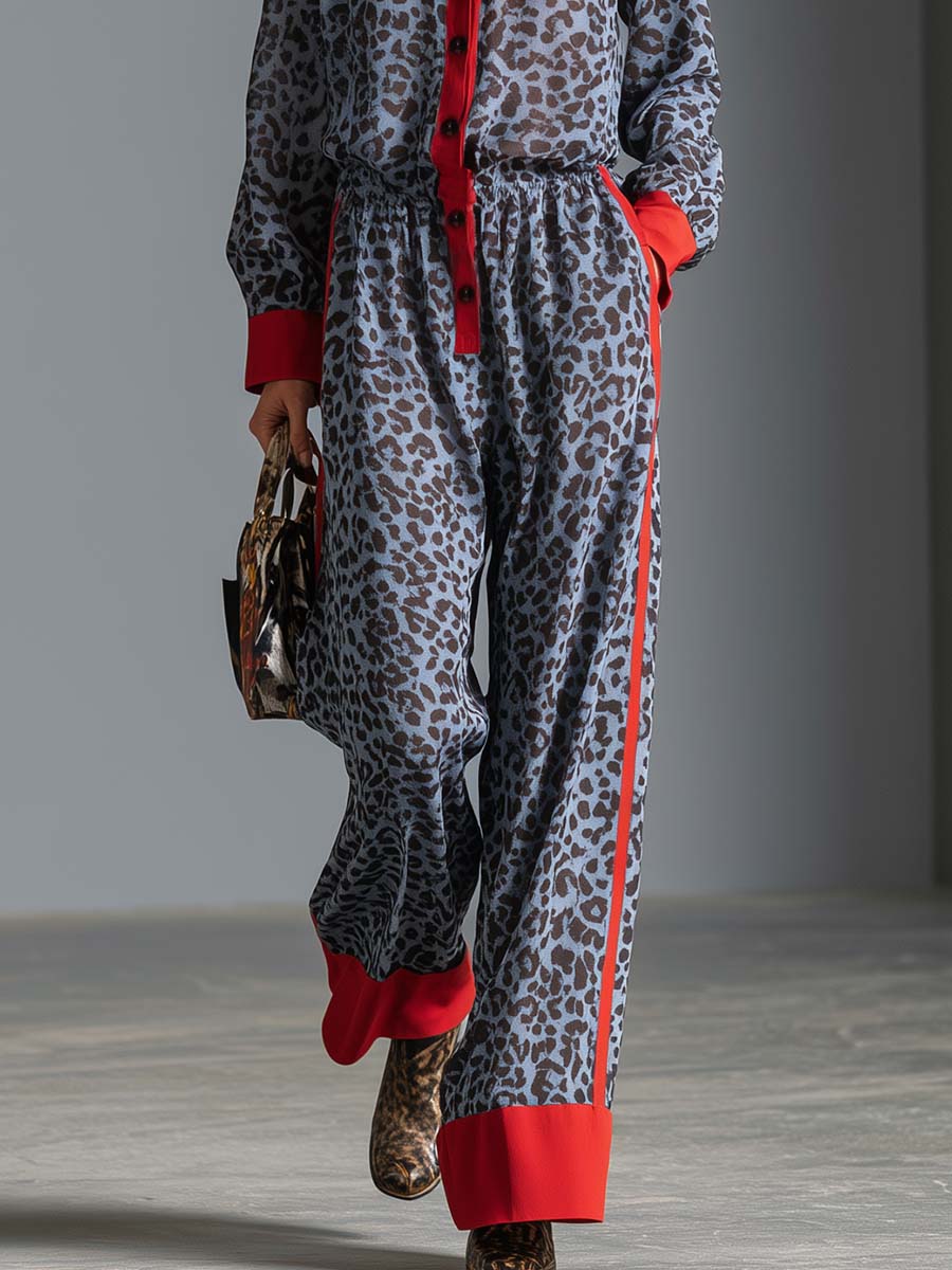 Retro Leopard Print Red-Contrast Collared Long-Sleeve Wide-Leg Chiffon Jumpsuit