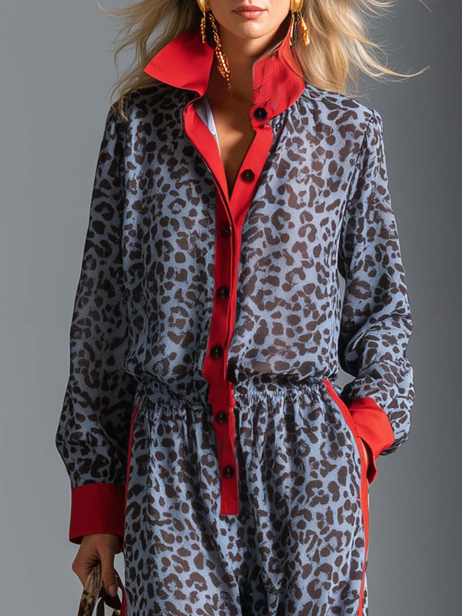 Retro Leopard Print Red-Contrast Collared Long-Sleeve Wide-Leg Chiffon Jumpsuit