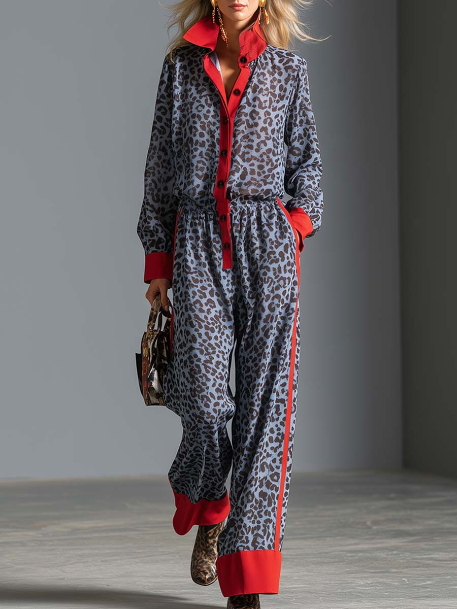 Retro Leopard Print Red-Contrast Collared Long-Sleeve Wide-Leg Chiffon Jumpsuit