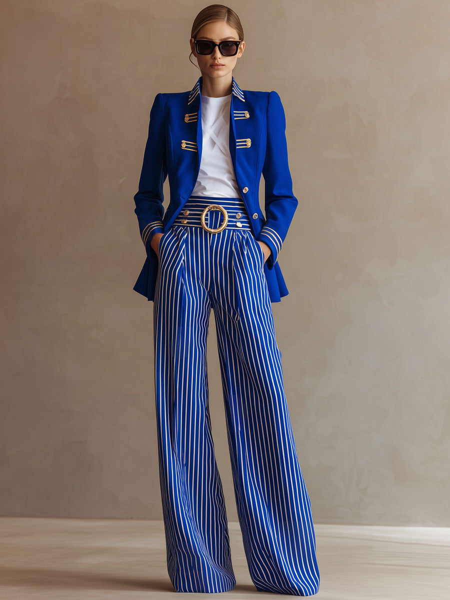 Retro-elegant Fitted Gold Ribbon Royal Blue Blazer