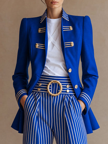 Retro-elegant Fitted Gold Ribbon Royal Blue Blazer