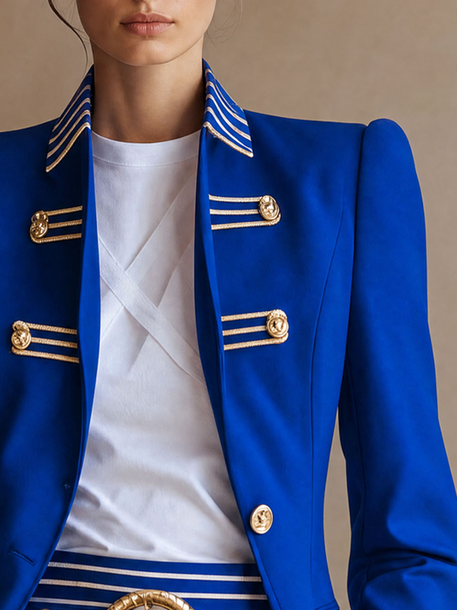 Retro-elegant Fitted Gold Ribbon Royal Blue Blazer