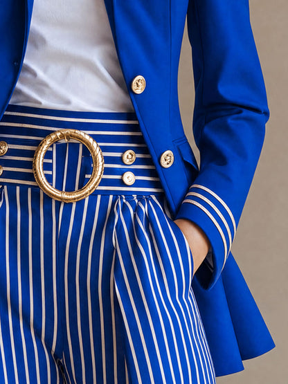 Retro-elegant Fitted Gold Ribbon Royal Blue Blazer