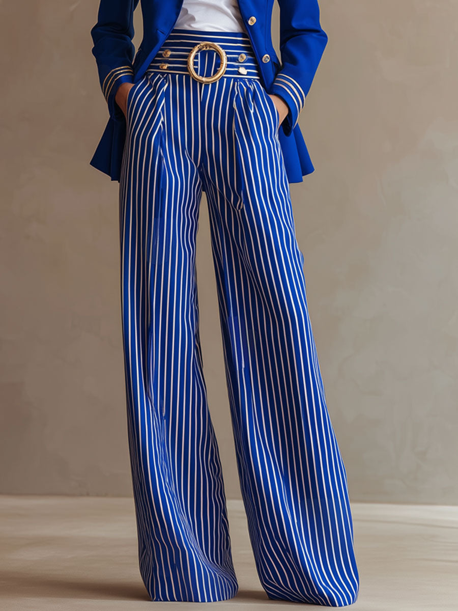 Simple And Elegant Striped Royal Blue Wide-leg Pants