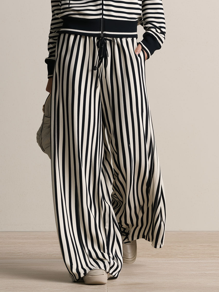 Retro Sporty Black And White Striped Cotton Cardigan And Pants Set