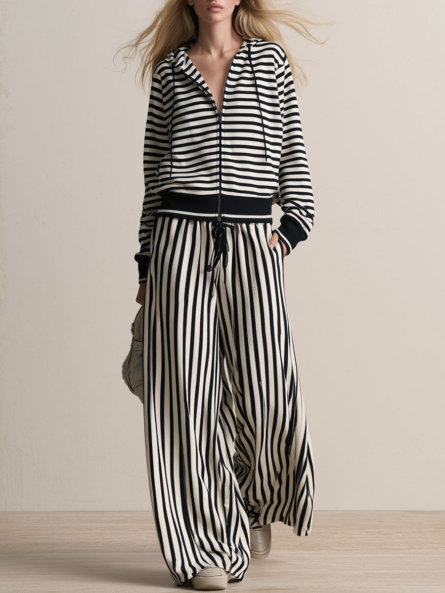 Retro Sporty Black And White Striped Cotton Cardigan And Pants Set
