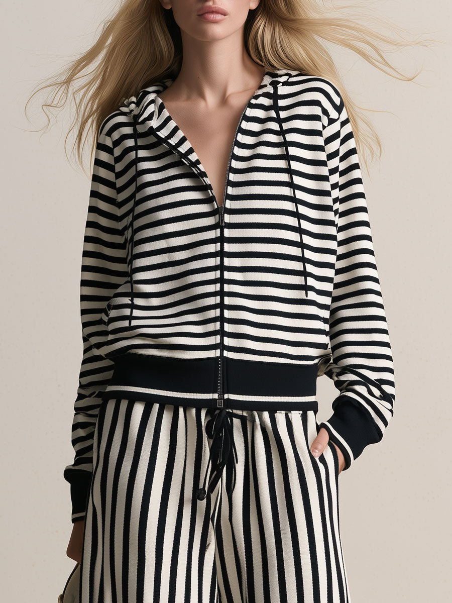 Retro Sporty Black And White Striped Cotton Cardigan And Pants Set