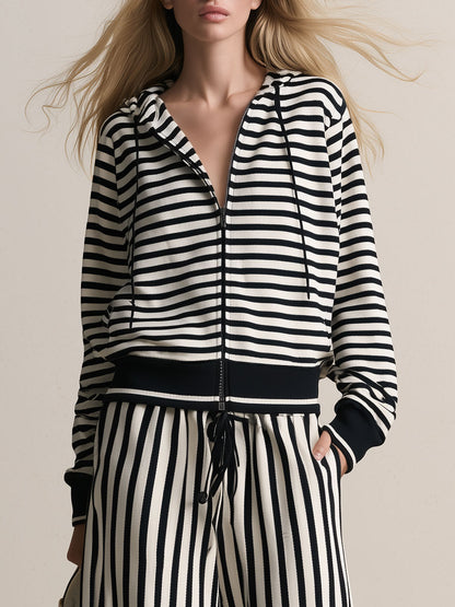 Retro Sporty Black And White Striped Cotton Cardigan And Pants Set