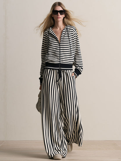 Retro Sporty Black And White Striped Cotton Cardigan And Pants Set