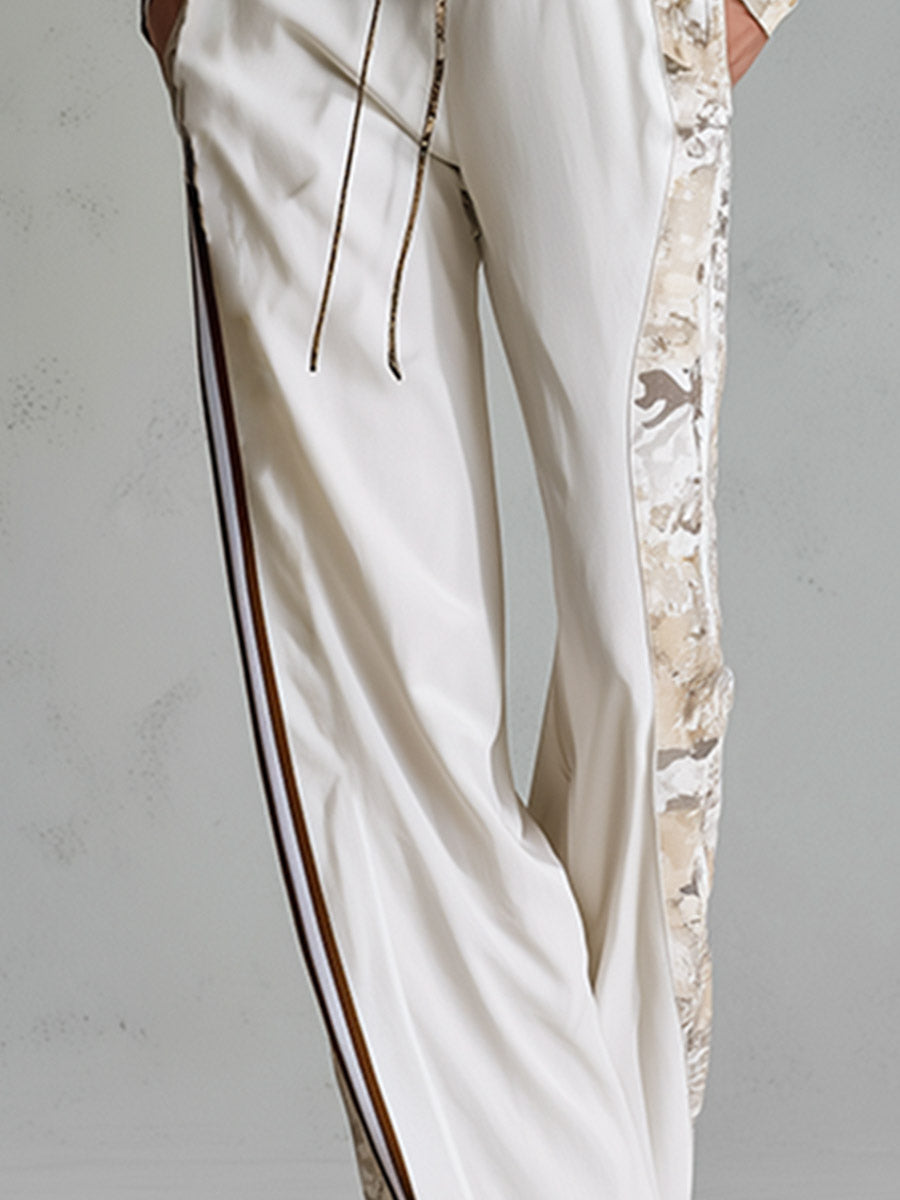 Casual Athletic White Camouflage Zip-Up Hoodie And Wide-Leg Pants Cotton Set