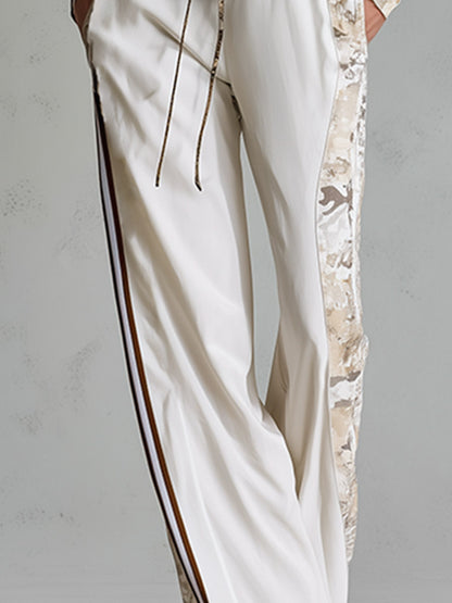 Casual Athletic White Camouflage Zip-Up Hoodie And Wide-Leg Pants Cotton Set