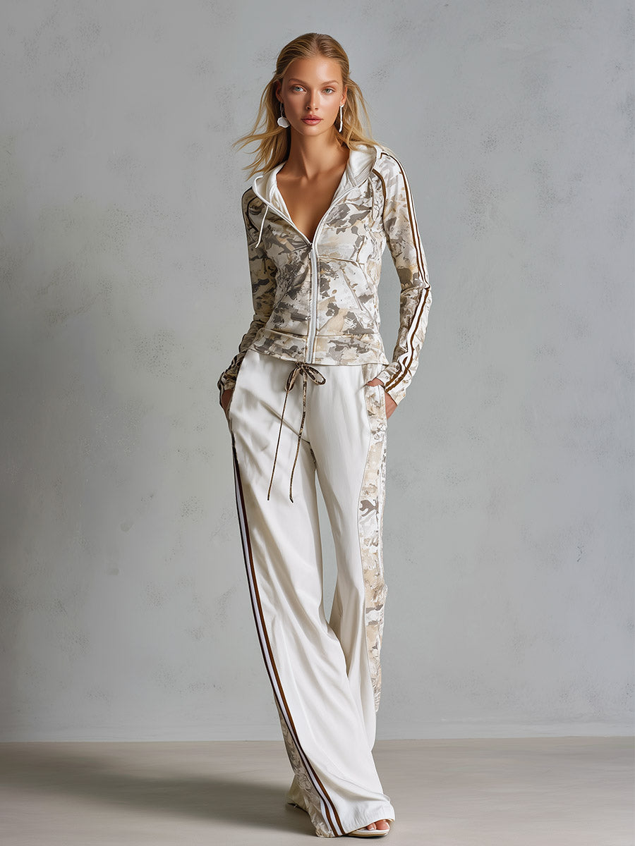 Casual Athletic White Camouflage Zip-Up Hoodie And Wide-Leg Pants Cotton Set