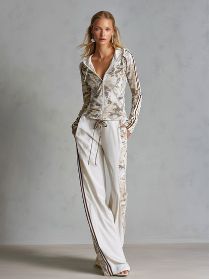 Casual Athletic White Camouflage Zip-Up Hoodie And Wide-Leg Pants Cotton Set