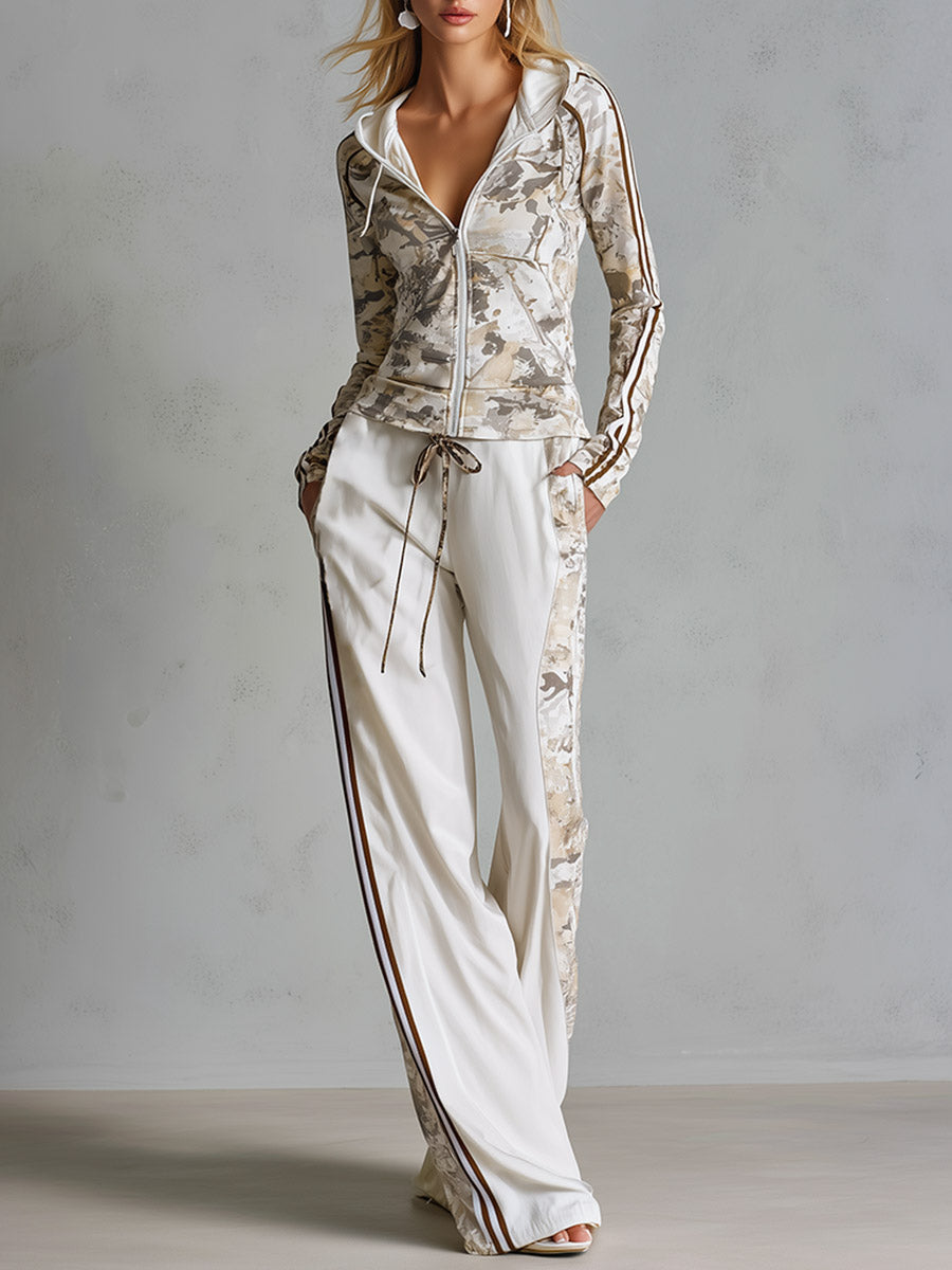 Casual Athletic White Camouflage Zip-Up Hoodie And Wide-Leg Pants Cotton Set