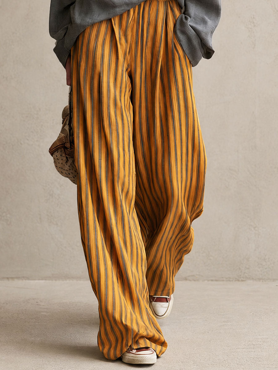 Casual Retro Color-blocked Faux Two-piece Grey Linen Shirt And Yellow Trousers Set