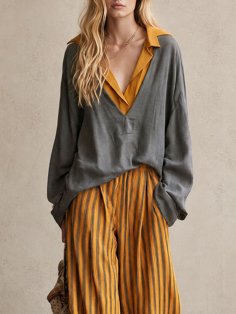 Casual Retro Color-blocked Faux Two-piece Grey Linen Shirt And Yellow Trousers Set